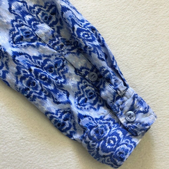 Cynthia Rowley Blue White Print Rayon Tie Long Sleeve Pullover Peasant Shirt S - Picture 10 of 10